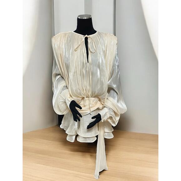 NWT Miss Rosier Eugénie Neutral Fully Pleated Ruffled Mini Dress – Size Large - Picture 2 of 8
